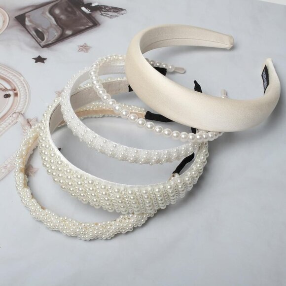 5PK White Pearl Headbands for Women Girls Dainty Bling Faux Pearls Hair Accessor